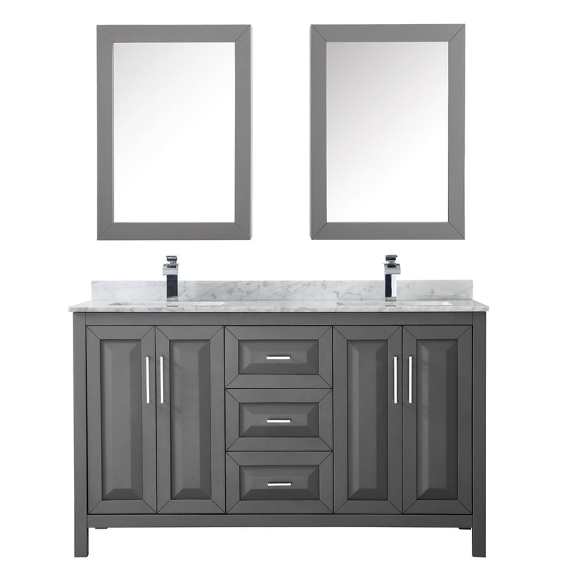 Wyndham Daria 60" Double Bathroom Vanity In Dark Gray White Carrara Marble Countertop Undermount Square Sink and Medicine Cabinet WCV252560DKGCMUNSMED