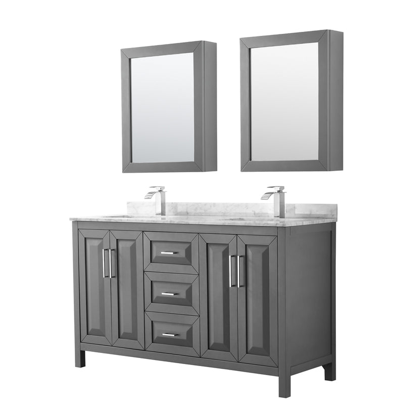 Wyndham Daria 60" Double Bathroom Vanity In Dark Gray White Carrara Marble Countertop Undermount Square Sink And Medicine Cabinet WCV252560DKGCMUNSMED