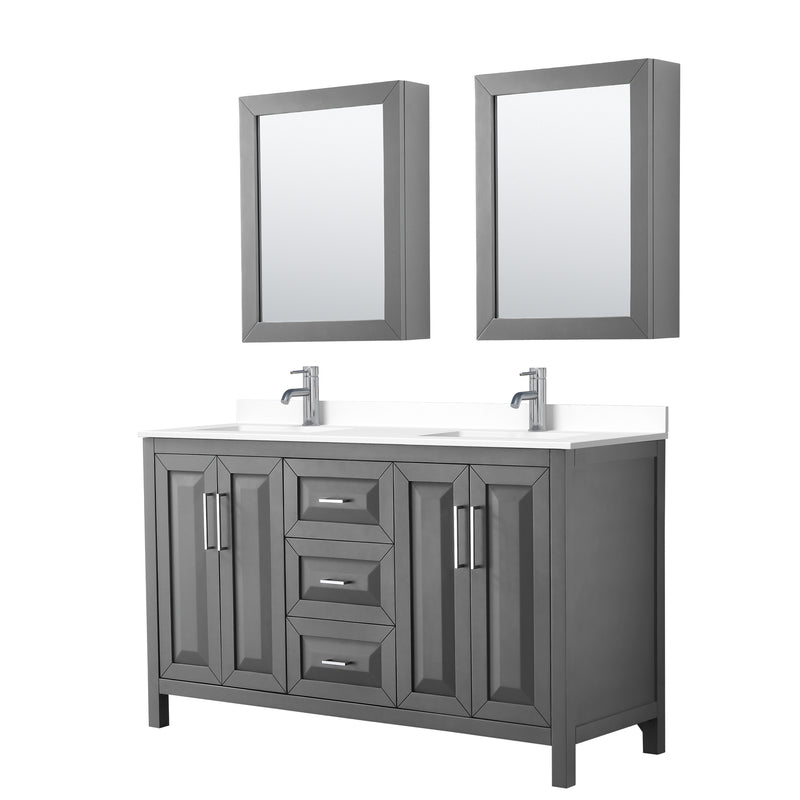 Wyndham Daria 60" Double Bathroom Vanity In Dark Gray White Cultured Marble Countertop Undermount Square Sinks And Medicine Cabinets WCV252560DKGWCUNSMED