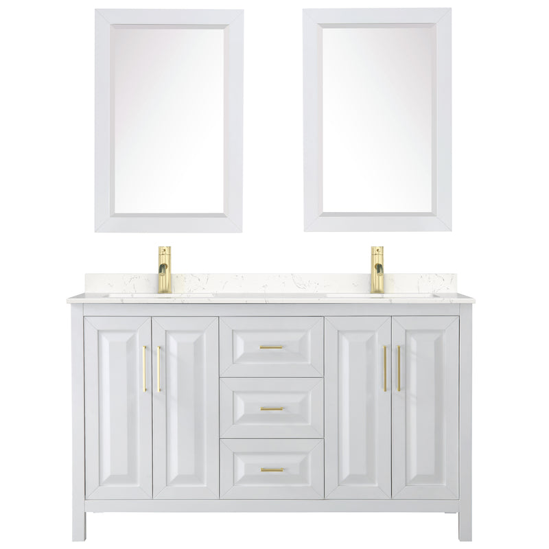 Wyndham Daria 60" Double Bathroom Vanity In White Light-Vein Carrara Cultured Marble Countertop Undermount Square Sinks Brushed Gold Trims and 24" Mirrors WCV252560DWGC2UNSM24