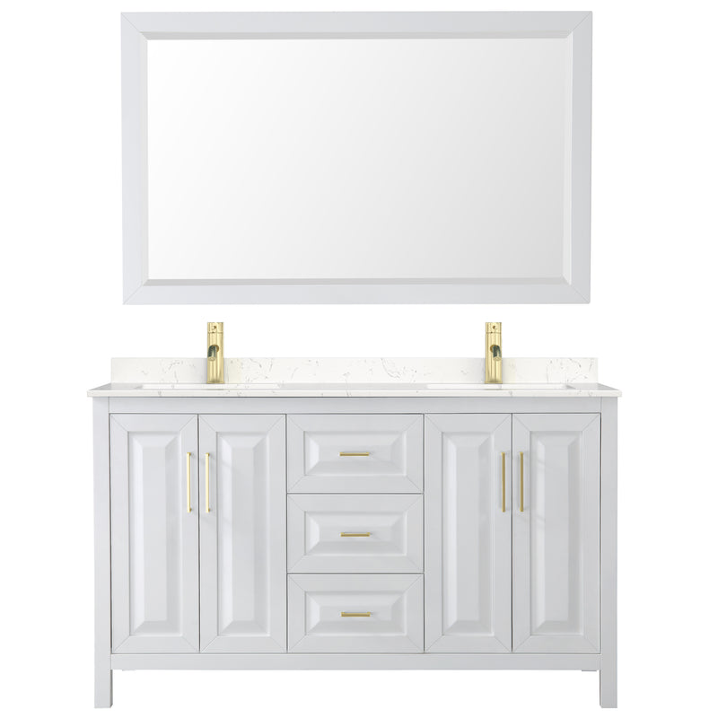 Wyndham Daria 60" Double Bathroom Vanity In White Light-Vein Carrara Cultured Marble Countertop Undermount Square Sinks Brushed Gold Trims and 58" Mirror WCV252560DWGC2UNSM58