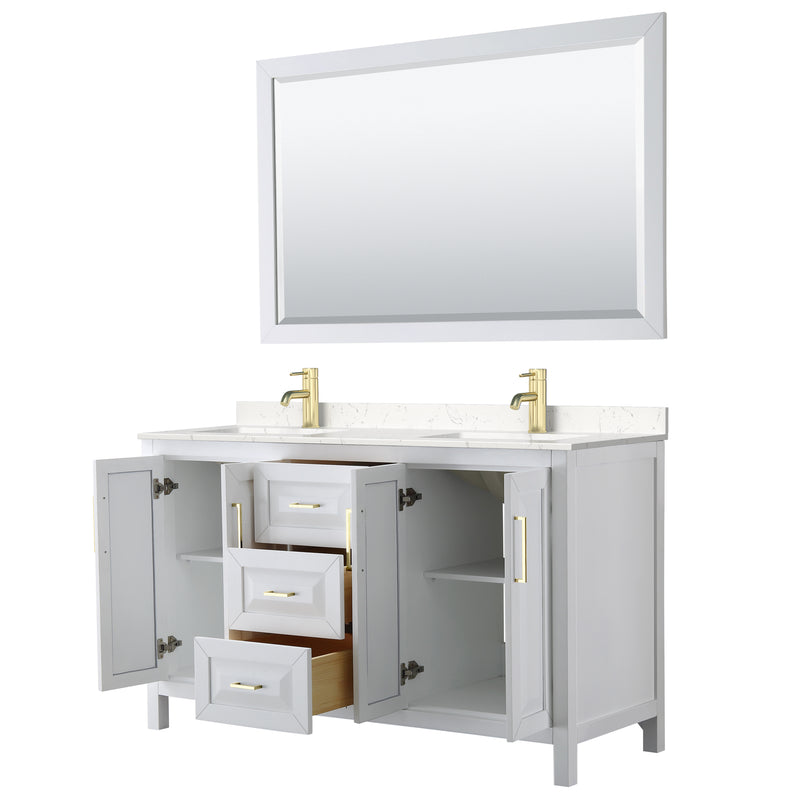 Wyndham Daria 60" Double Bathroom Vanity In White Light-Vein Carrara Cultured Marble Countertop Undermount Square Sinks Brushed Gold Trims and 58" Mirror WCV252560DWGC2UNSM58