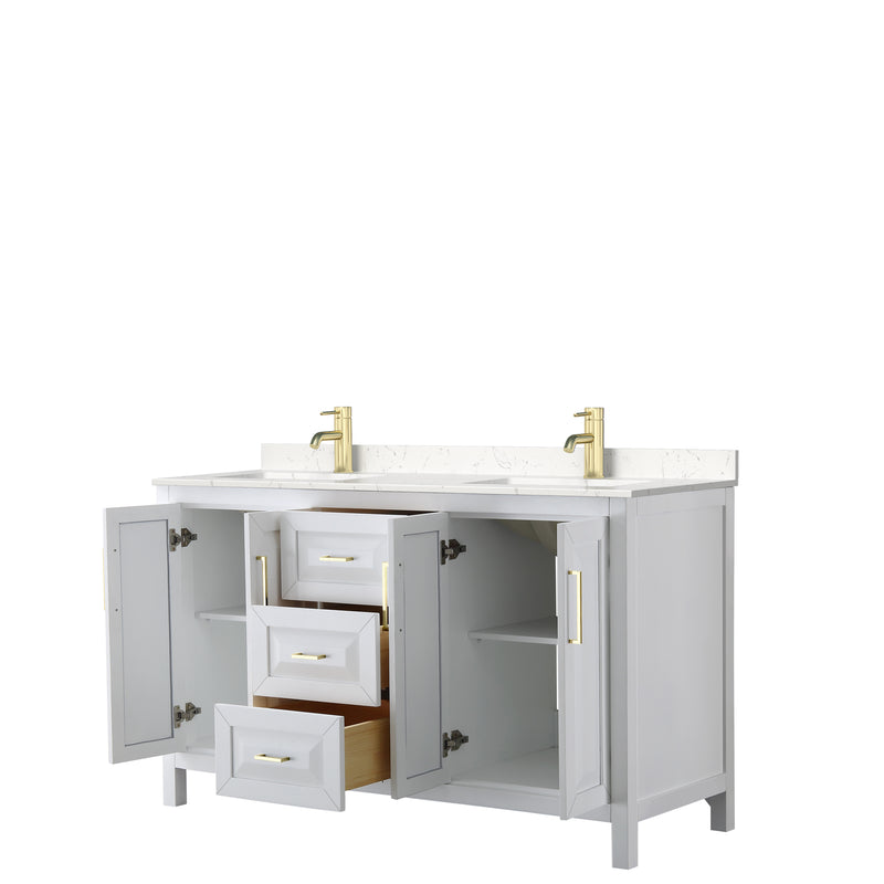 Wyndham Daria 60" Double Bathroom Vanity In White Light-Vein Carrara Cultured Marble Countertop Undermount Square Sinks Brushed Gold Trims and No Mirror WCV252560DWGC2UNSMXX