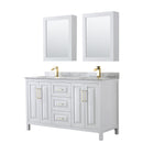 Wyndham Daria 60" Double Bathroom Vanity In White White Carrara Marble Countertop Undermount Square Sinks Brushed Gold Trims And Medicine Cabinets WCV252560DWGCMUNSMED