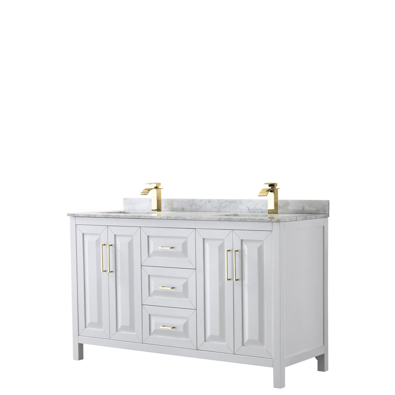 Wyndham Daria 60" Double Bathroom Vanity In White White Carrara Marble Countertop Undermount Square Sinks Brushed Gold Trims And No Mirror WCV252560DWGCMUNSMXX