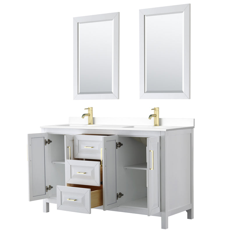 Wyndham Daria 60" Double Bathroom Vanity In White White Cultured Marble Countertop Undermount Square Sinks Brushed Gold Trims and 24" Mirrors WCV252560DWGWCUNSM24