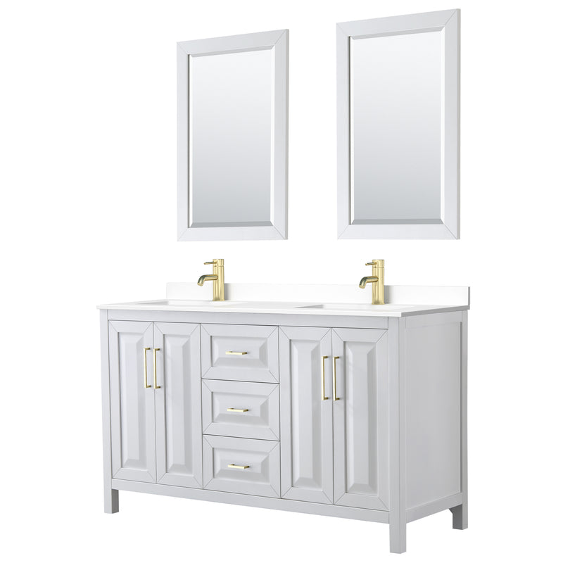 Wyndham Daria 60" Double Bathroom Vanity In White White Cultured Marble Countertop Undermount Square Sinks Brushed Gold Trims And 24" Mirrors WCV252560DWGWCUNSM24