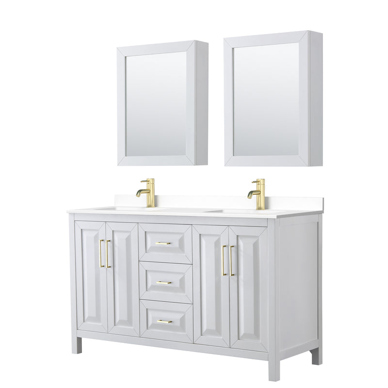 Wyndham Daria 60" Double Bathroom Vanity In White White Cultured Marble Countertop Undermount Square Sinks Brushed Gold Trims And Medicine Cabinets WCV252560DWGWCUNSMED