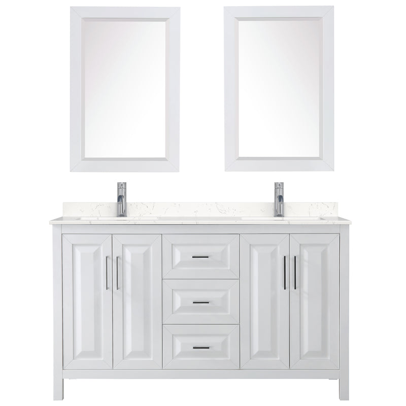 Wyndham Daria 60" Double Bathroom Vanity In White Light-Vein Carrara Cultured Marble Countertop Undermount Square Sinks and 24" Mirrors WCV252560DWHC2UNSM24