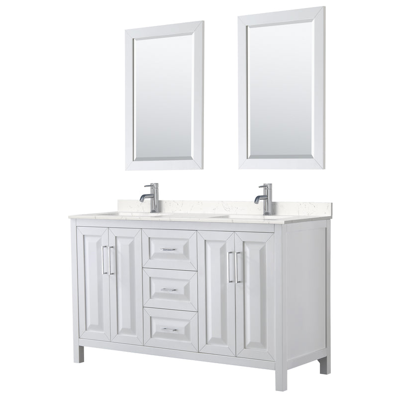 Wyndham Daria 60" Double Bathroom Vanity In White Light-Vein Carrara Cultured Marble Countertop Undermount Square Sinks And 24" Mirrors WCV252560DWHC2UNSM24