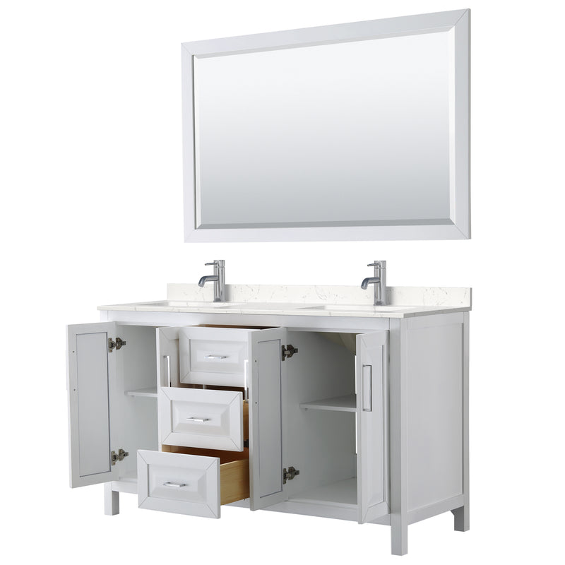 Wyndham Daria 60" Double Bathroom Vanity In White Light-Vein Carrara Cultured Marble Countertop Undermount Square Sinks and 58" Mirror WCV252560DWHC2UNSM58