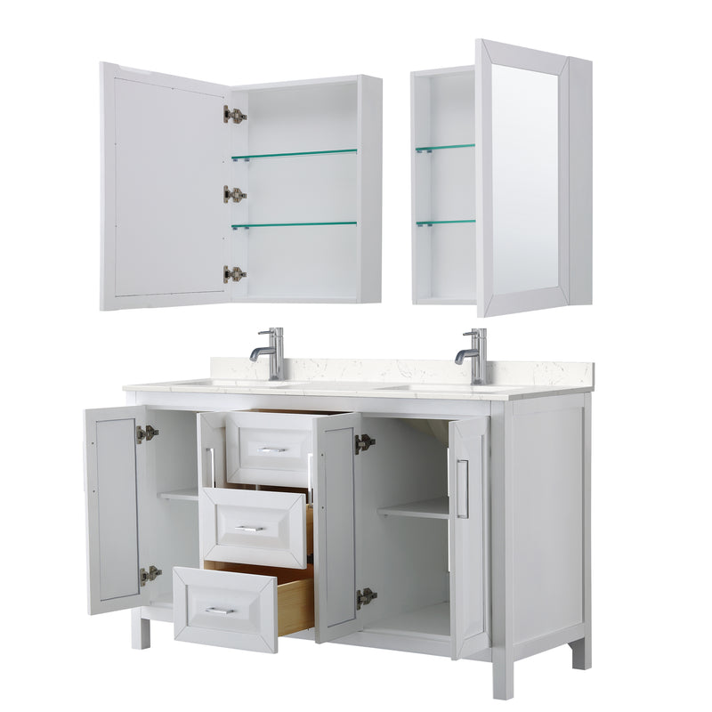 Wyndham Daria 60" Double Bathroom Vanity In White Light-Vein Carrara Cultured Marble Countertop Undermount Square Sinks and Medicine Cabinets WCV252560DWHC2UNSMED