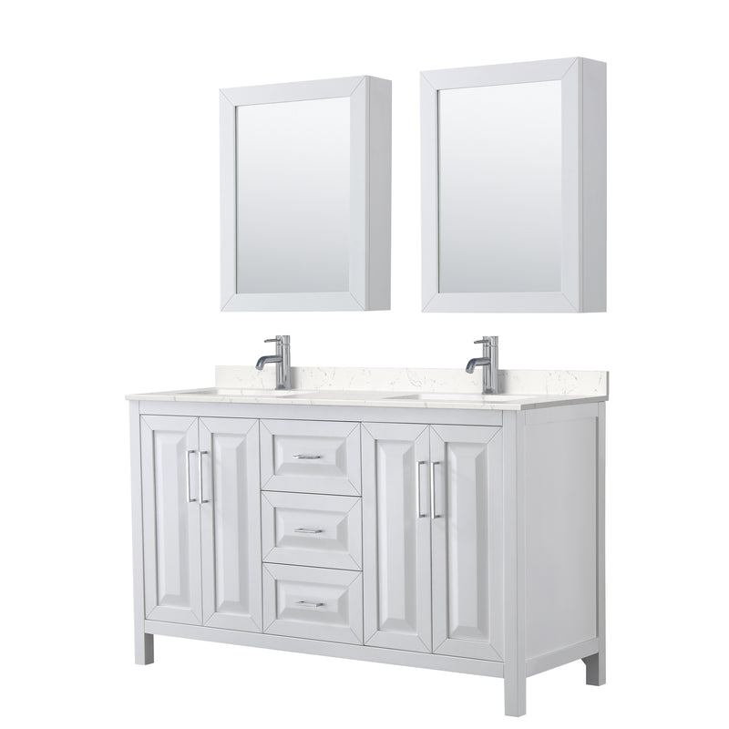 Wyndham Daria 60" Double Bathroom Vanity In White Light-Vein Carrara Cultured Marble Countertop Undermount Square Sinks And Medicine Cabinets WCV252560DWHC2UNSMED