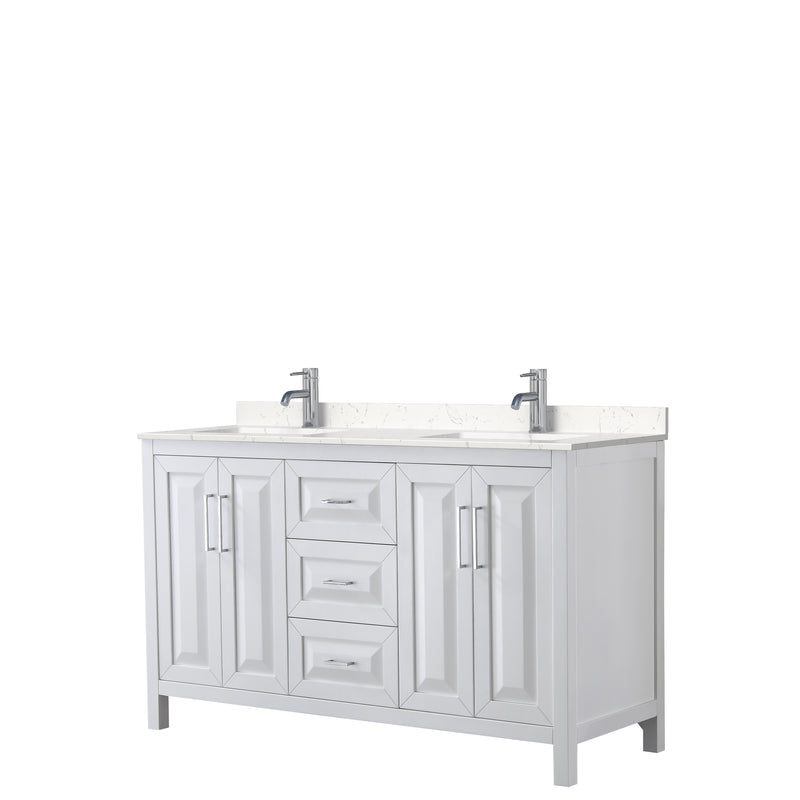 Wyndham Daria 60" Double Bathroom Vanity In White Light-Vein Carrara Cultured Marble Countertop Undermount Square Sinks And No Mirror WCV252560DWHC2UNSMXX