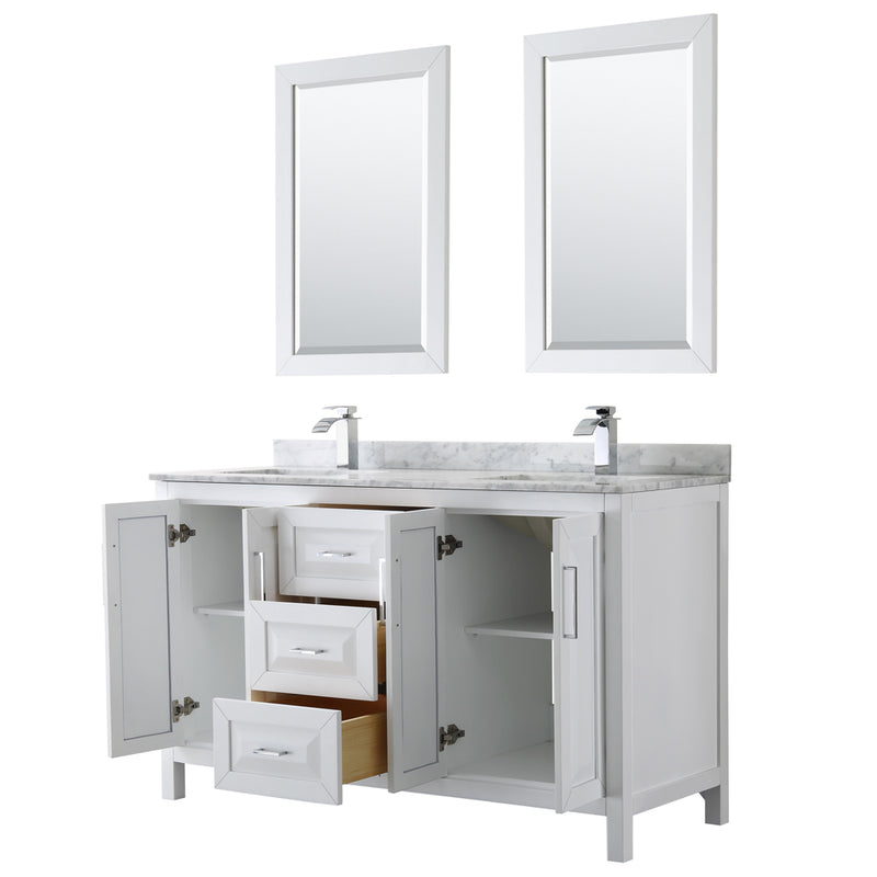 Wyndham Daria 60" Double Bathroom Vanity In White White Carrara Marble Countertop Undermount Square Sink and 24" Mirror WCV252560DWHCMUNSM24