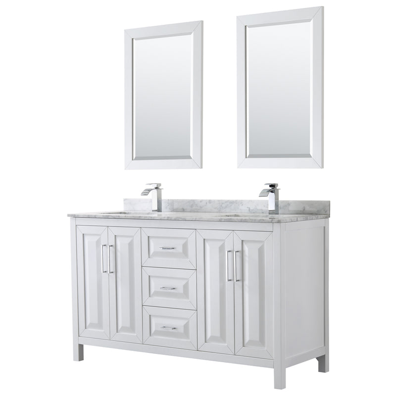 Wyndham Daria 60" Double Bathroom Vanity In White White Carrara Marble Countertop Undermount Square Sink And 24" Mirror WCV252560DWHCMUNSM24