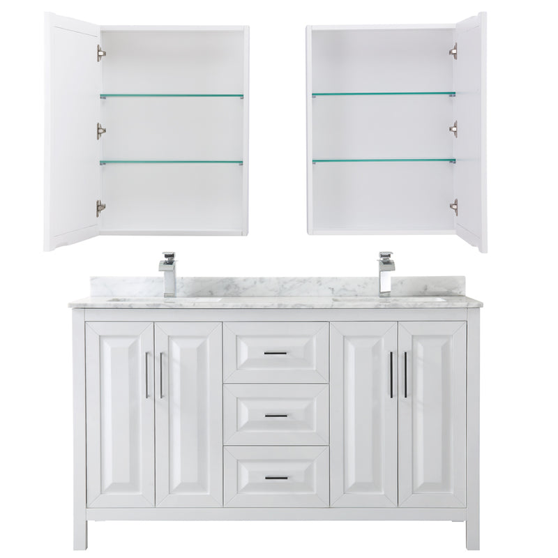 Wyndham Daria 60" Double Bathroom Vanity In White White Carrara Marble Countertop Undermount Square Sink and Medicine Cabinet WCV252560DWHCMUNSMED