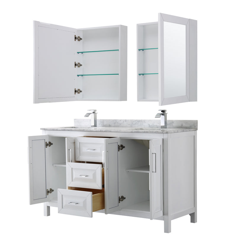 Wyndham Daria 60" Double Bathroom Vanity In White White Carrara Marble Countertop Undermount Square Sink and Medicine Cabinet WCV252560DWHCMUNSMED