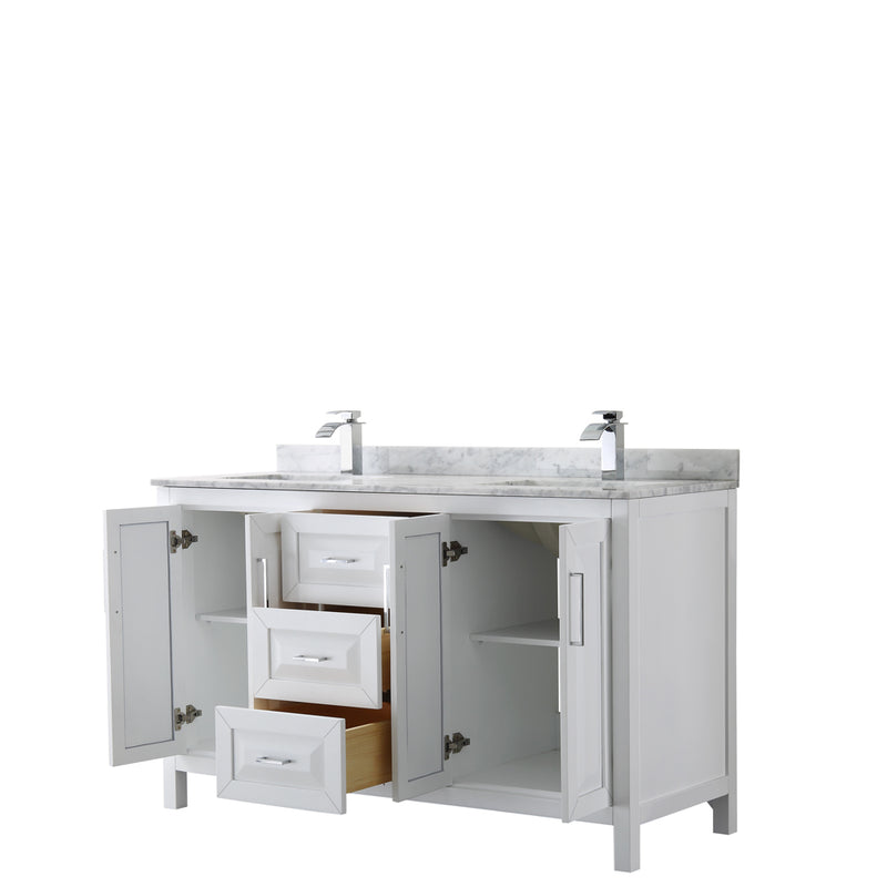 Wyndham Daria 60" Double Bathroom Vanity In White White Carrara Marble Countertop Undermount Square Sink and No Mirror WCV252560DWHCMUNSMXX