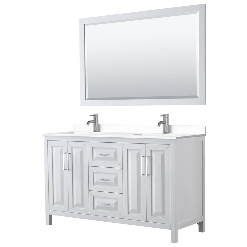 Wyndham Daria 60" Double Bathroom Vanity In White White Cultured Marble Countertop Undermount Square Sinks And 58" Mirror WCV252560DWHWCUNSM58