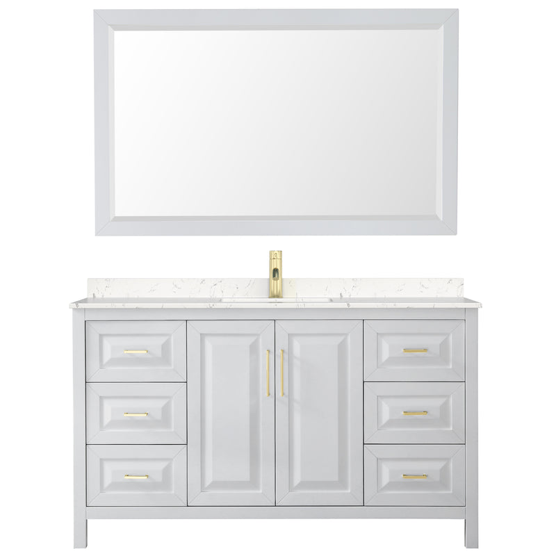 Wyndham Daria 60" Single Bathroom Vanity In White Light-Vein Carrara Cultured Marble Countertop Undermount Square Sink Brushed Gold Trims and 58" Mirror WCV252560SWGC2UNSM58