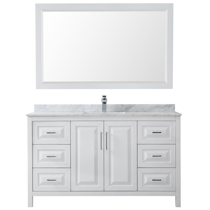 Wyndham Daria 60" Single Bathroom Vanity In White White Carrara Marble Countertop Undermount Square Sink and 58" Mirror WCV252560SWHCMUNSM58