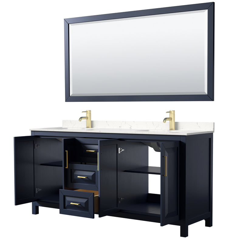 Wyndham Daria 72" Double Bathroom Vanity In Dark Blue Light-Vein Carrara Cultured Marble Countertop Undermount Square Sinks and 70" Mirror WCV252572DBLC2UNSM70