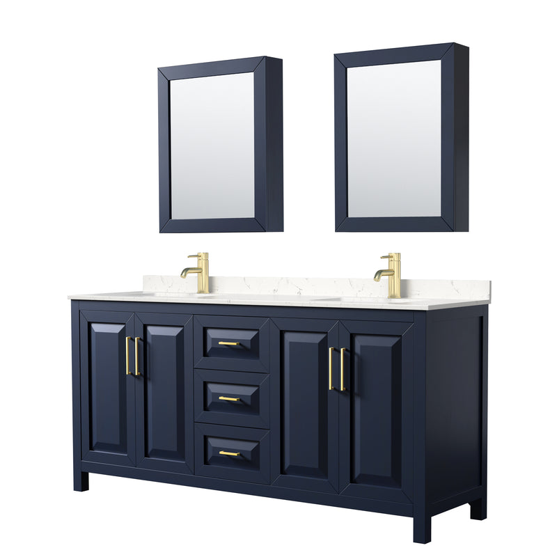 Wyndham Daria 72" Double Bathroom Vanity In Dark Blue Light-Vein Carrara Cultured Marble Countertop Undermount Square Sinks And Medicine Cabinets WCV252572DBLC2UNSMED