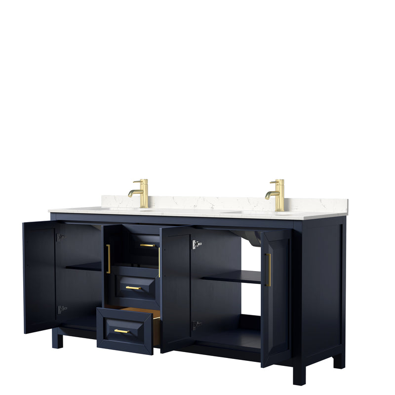 Wyndham Daria 72" Double Bathroom Vanity In Dark Blue Light-Vein Carrara Cultured Marble Countertop Undermount Square Sinks and No Mirror WCV252572DBLC2UNSMXX