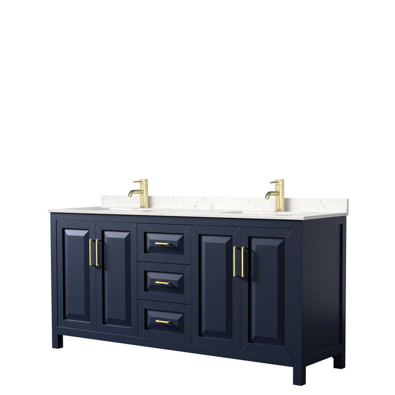 Wyndham Daria 72" Double Bathroom Vanity In Dark Blue Light-Vein Carrara Cultured Marble Countertop Undermount Square Sinks And No Mirror WCV252572DBLC2UNSMXX