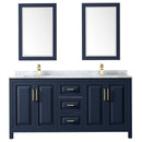 Wyndham Daria 72" Double Bathroom Vanity In Dark Blue White Carrara Marble Countertop Undermount Square Sinks and 24" Mirrors WCV252572DBLCMUNSM24