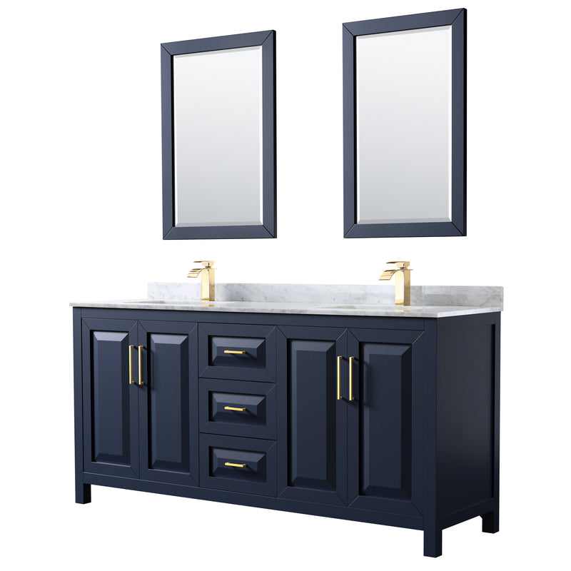 Wyndham Daria 72" Double Bathroom Vanity In Dark Blue White Carrara Marble Countertop Undermount Square Sinks And 24" Mirrors WCV252572DBLCMUNSM24