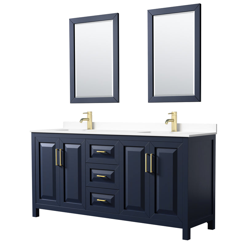 Wyndham Daria 72" Double Bathroom Vanity In Dark Blue White Cultured Marble Countertop Undermount Square Sinks And 24" Mirrors WCV252572DBLWCUNSM24