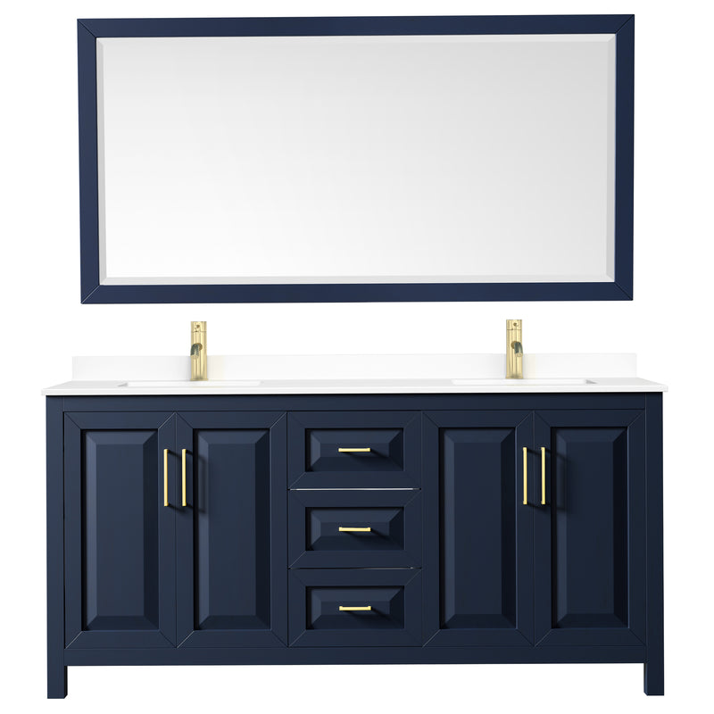 Wyndham Daria 72" Double Bathroom Vanity In Dark Blue White Cultured Marble Countertop Undermount Square Sinks and 70" Mirror WCV252572DBLWCUNSM70