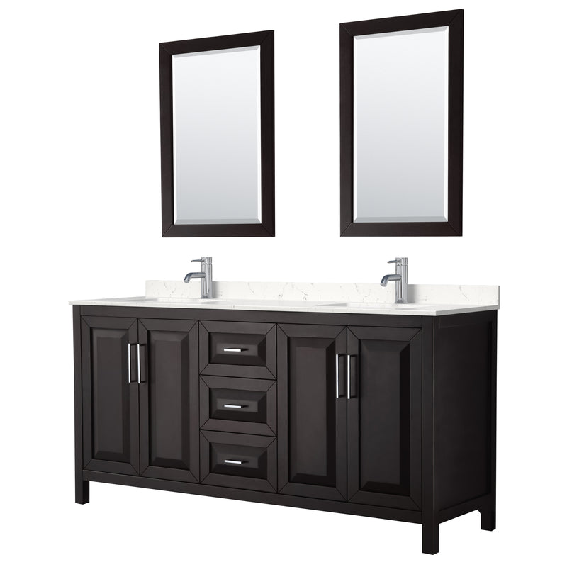 Wyndham Daria 72" Double Bathroom Vanity In Dark Espresso Light-Vein Carrara Cultured Marble Countertop Undermount Square Sinks And 24" Mirrors WCV252572DDEC2UNSM24