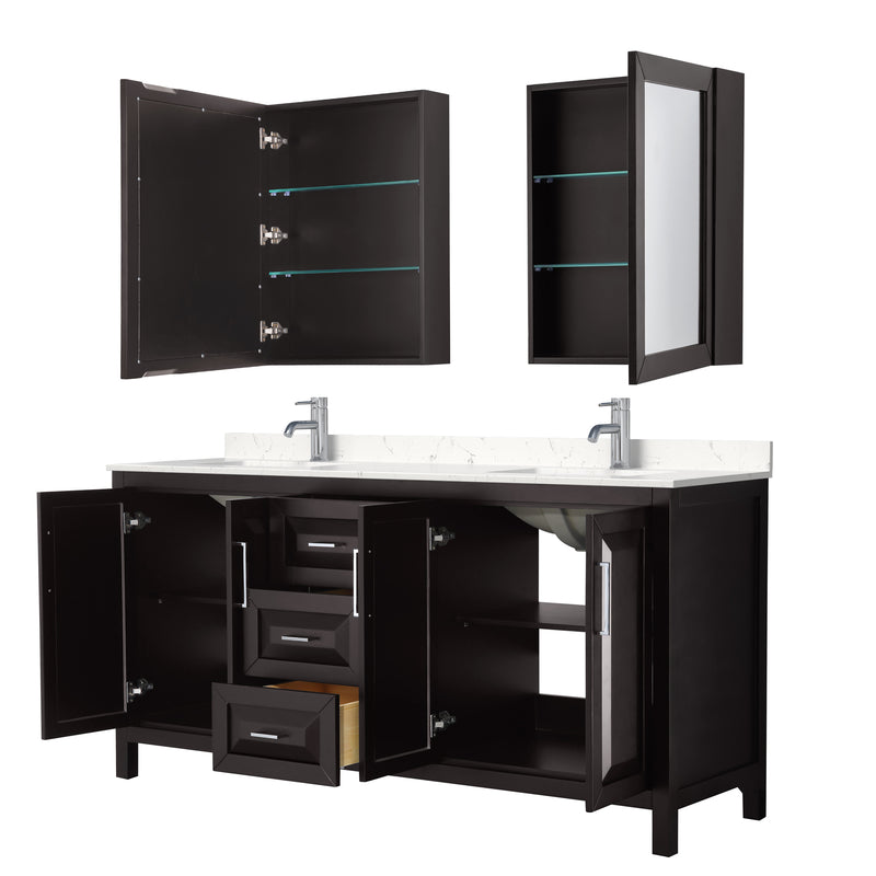 Wyndham Daria 72" Double Bathroom Vanity In Dark Espresso Light-Vein Carrara Cultured Marble Countertop Undermount Square Sinks and Medicine Cabinets WCV252572DDEC2UNSMED