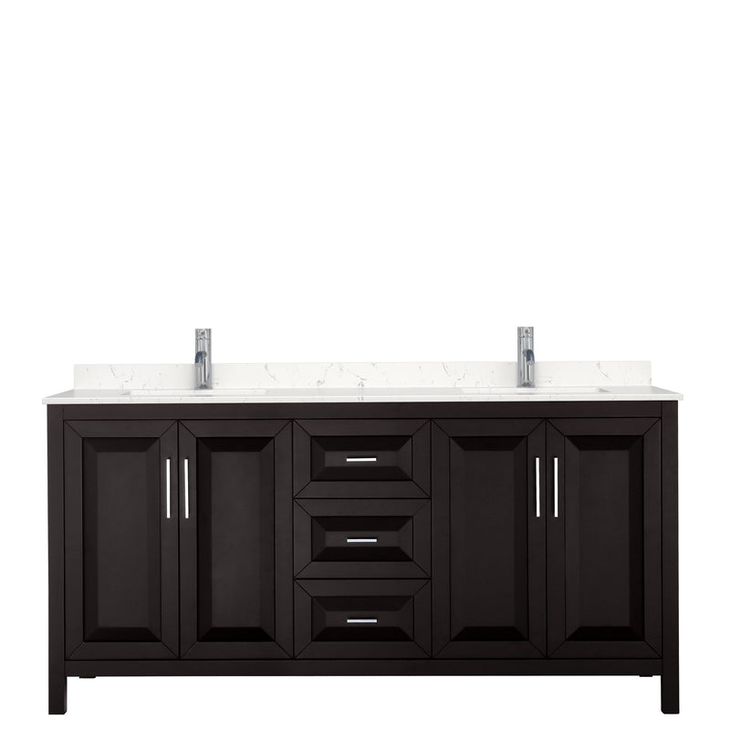 Wyndham Daria 72" Double Bathroom Vanity In Dark Espresso Light-Vein Carrara Cultured Marble Countertop Undermount Square Sinks and No Mirror WCV252572DDEC2UNSMXX