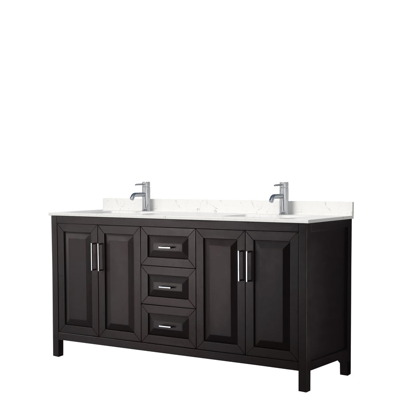 Wyndham Daria 72" Double Bathroom Vanity In Dark Espresso Light-Vein Carrara Cultured Marble Countertop Undermount Square Sinks And No Mirror WCV252572DDEC2UNSMXX