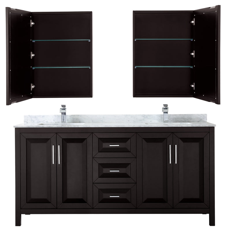 Wyndham Daria 72" Double Bathroom Vanity In Dark Espresso White Carrara Marble Countertop Undermount Square Sink and Medicine Cabinet WCV252572DDECMUNSMED