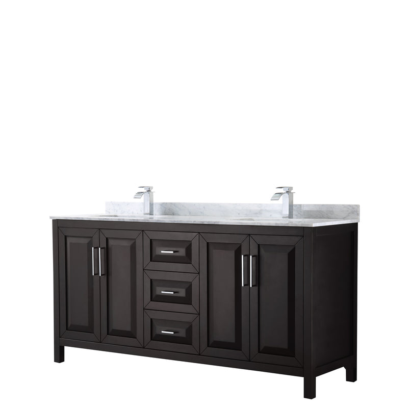 Wyndham Daria 72" Double Bathroom Vanity In Dark Espresso White Carrara Marble Countertop Undermount Square Sink And No Mirror WCV252572DDECMUNSMXX