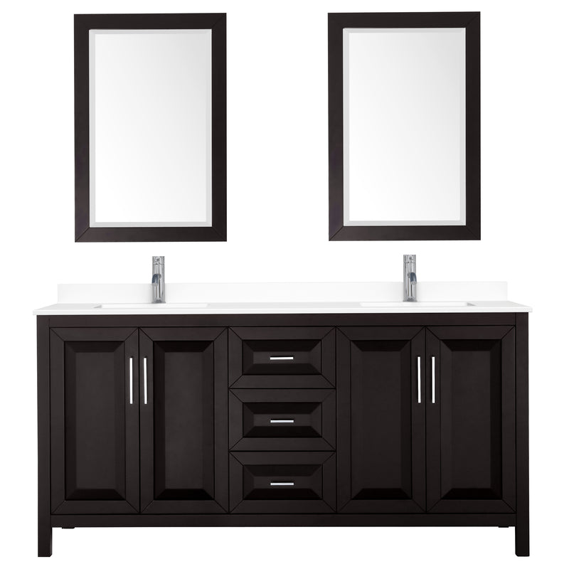 Wyndham Daria 72" Double Bathroom Vanity In Dark Espresso White Cultured Marble Countertop Undermount Square Sinks and 24" Mirrors WCV252572DDEWCUNSM24