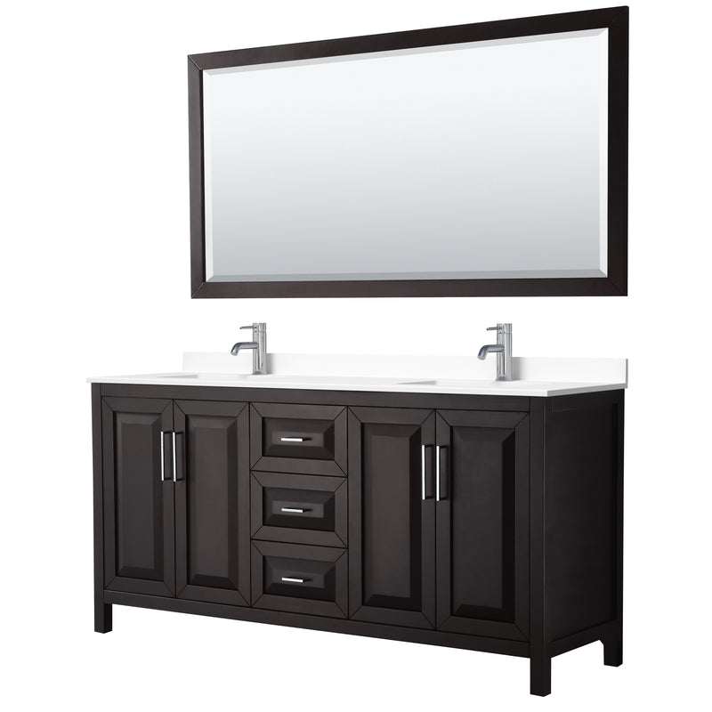 Wyndham Daria 72" Double Bathroom Vanity In Dark Espresso White Cultured Marble Countertop Undermount Square Sinks And 70" Mirror WCV252572DDEWCUNSM70