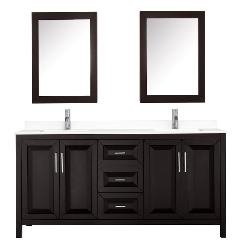 Wyndham Daria 72" Double Bathroom Vanity In Dark Espresso White Cultured Marble Countertop Undermount Square Sinks and Medicine Cabinets WCV252572DDEWCUNSMED