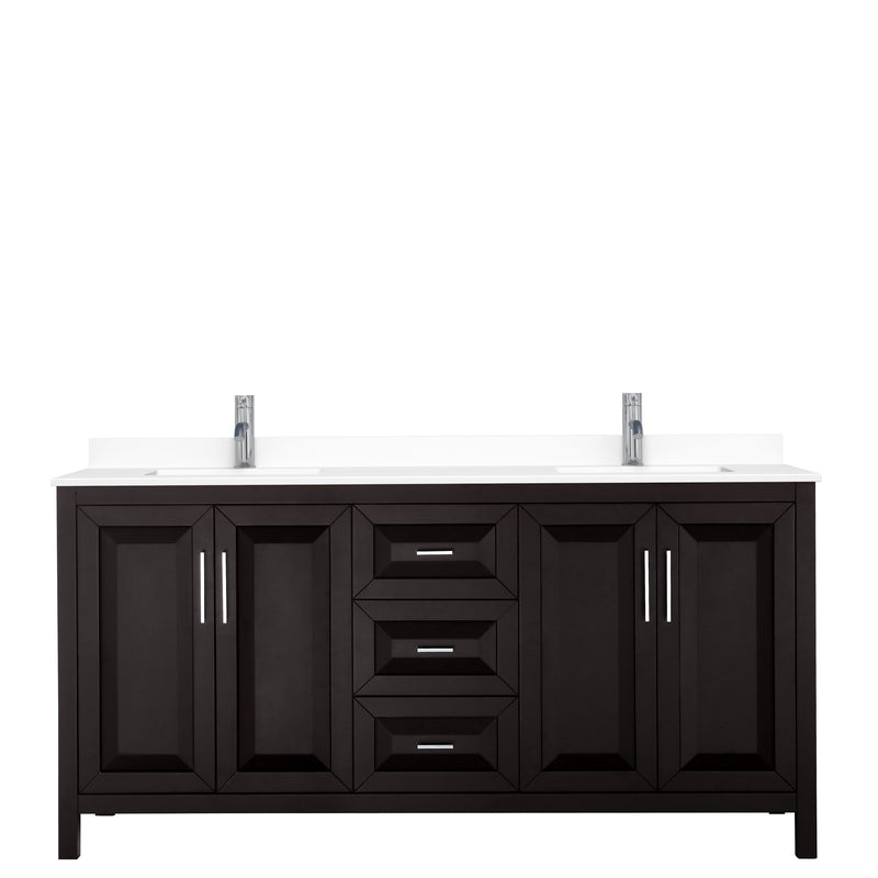 Wyndham Daria 72" Double Bathroom Vanity In Dark Espresso White Cultured Marble Countertop Undermount Square Sinks and No Mirror WCV252572DDEWCUNSMXX