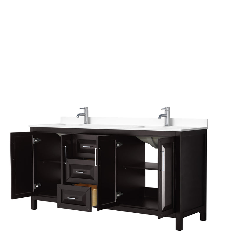 Wyndham Daria 72" Double Bathroom Vanity In Dark Espresso White Cultured Marble Countertop Undermount Square Sinks and No Mirror WCV252572DDEWCUNSMXX