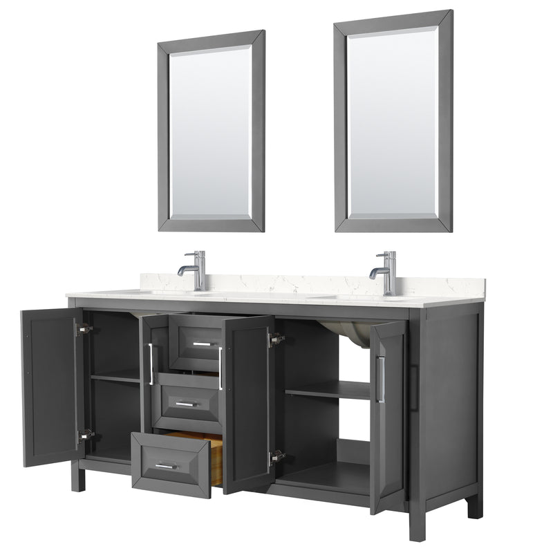 Wyndham Daria 72" Double Bathroom Vanity In Dark Gray Light-Vein Carrara Cultured Marble Countertop Undermount Square Sinks and 24" Mirrors WCV252572DKGC2UNSM24