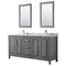 Wyndham Daria 72" Double Bathroom Vanity In Dark Gray White Carrara Marble Countertop Undermount Square Sink And 24" Mirror WCV252572DKGCMUNSM24