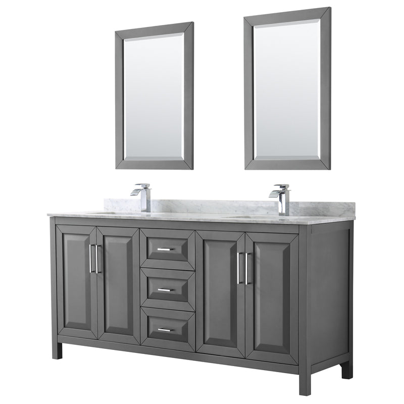 Wyndham Daria 72" Double Bathroom Vanity In Dark Gray White Carrara Marble Countertop Undermount Square Sink And 24" Mirror WCV252572DKGCMUNSM24