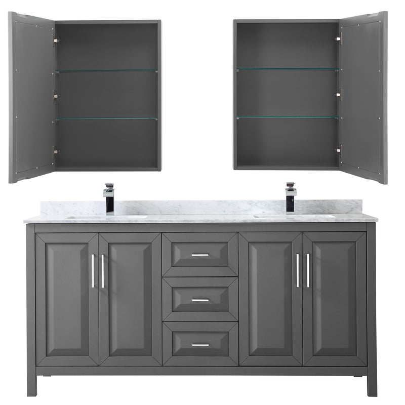 Wyndham Daria 72" Double Bathroom Vanity In Dark Gray White Carrara Marble Countertop Undermount Square Sink and Medicine Cabinet WCV252572DKGCMUNSMED