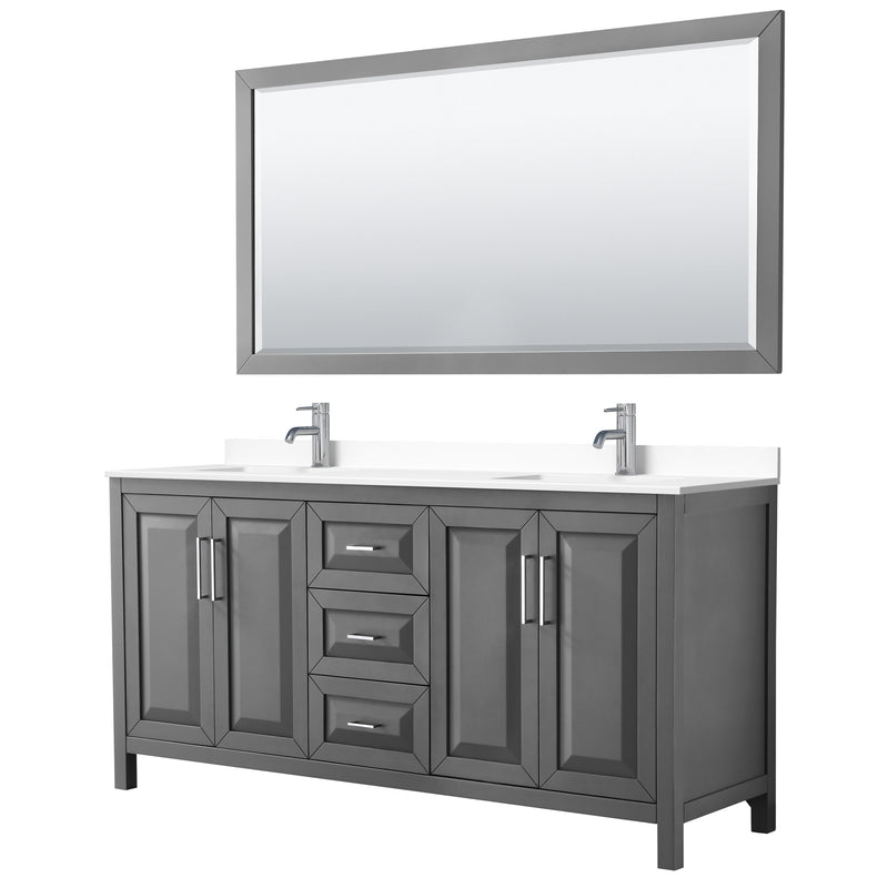 Wyndham Daria 72" Double Bathroom Vanity In Dark Gray White Cultured Marble Countertop Undermount Square Sinks And 70" Mirror WCV252572DKGWCUNSM70